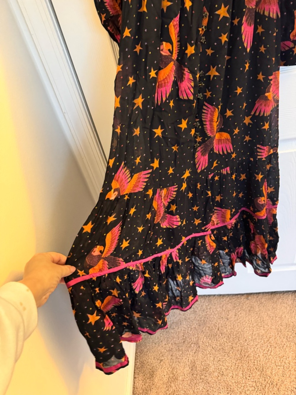 FARM Rio Black Midi Dress with Pink Floral & Star Print NWOT - Picture 13 of 14